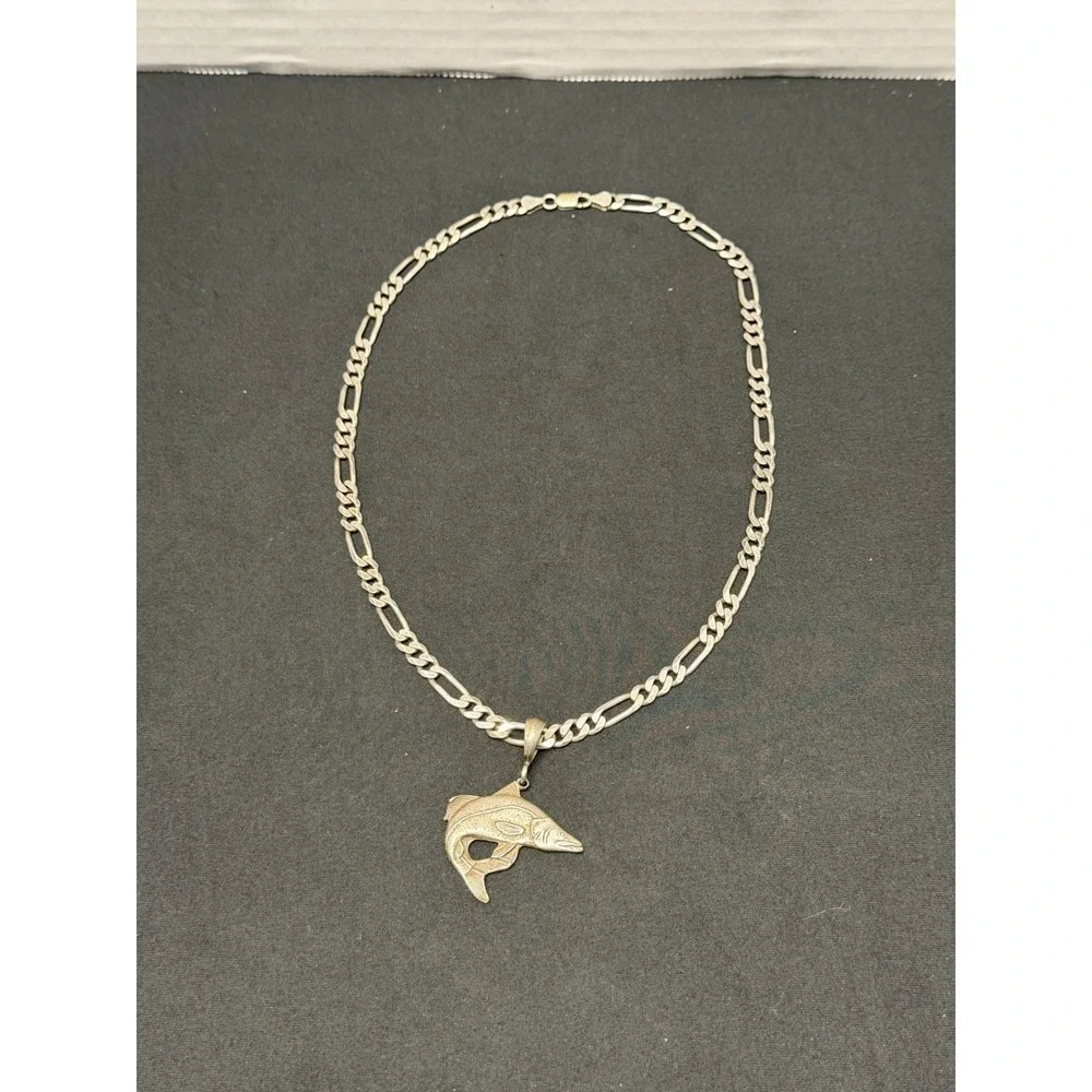 44.6g Solid 925 Sterling Silver 22in Figaro Chain W/ Snook Pendant Italy DES